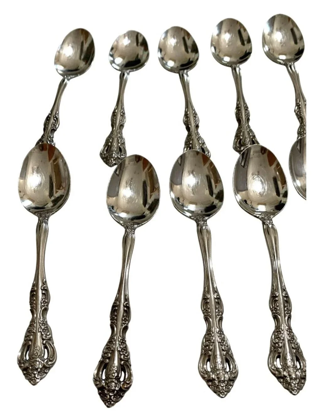 Oneida Michelangelo Cube Set 12 Oval Soup Spoons Stainless Ornate Floral 6.75